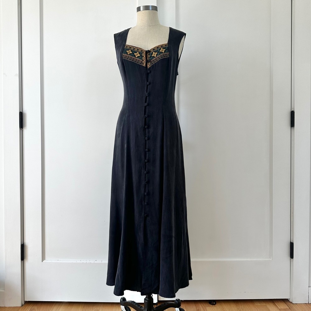 Vintage 90s Carole Little Black Rayon Maxi Dress Embroidered Whimsigoth Boho 8